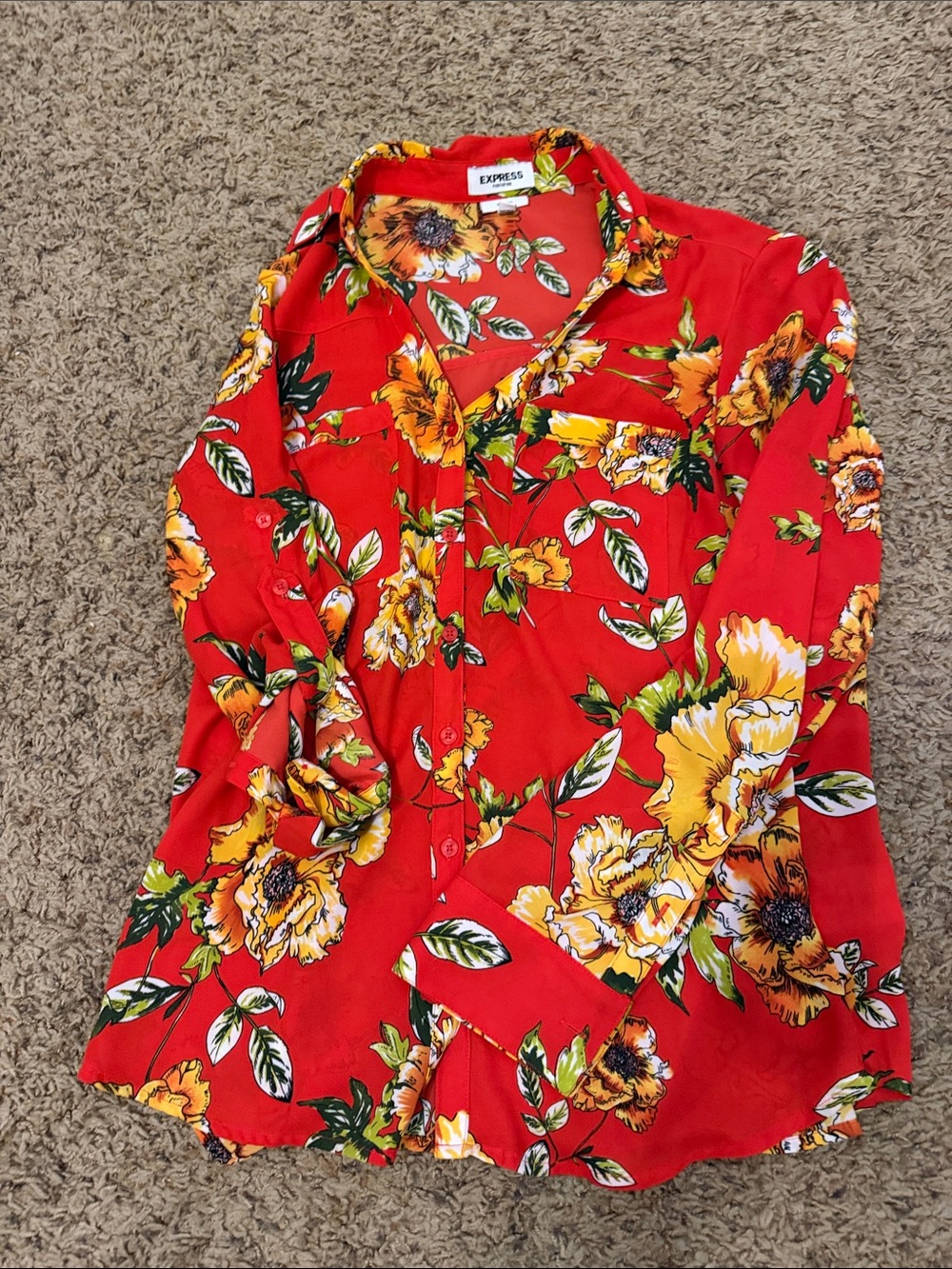 Express Red Floral Button-Front Shirt with Yellow Blooms